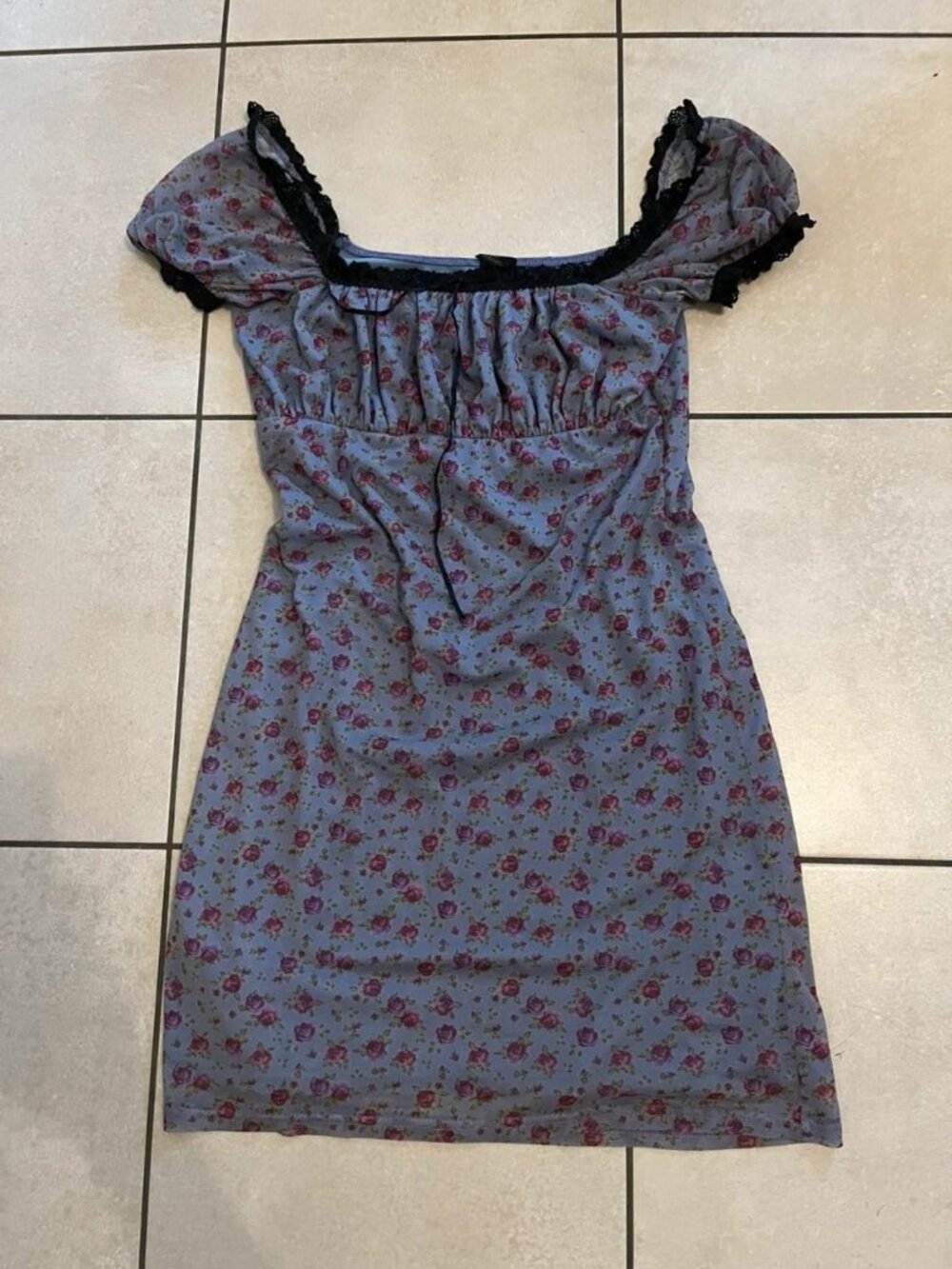 Floral Puff Sleeve Mini Dress with Lace Trim Women's Size XS
